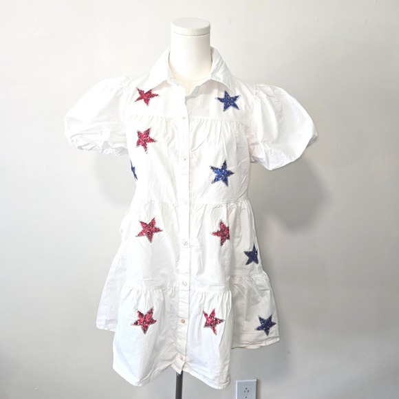 Peach Love California Dresses & Skirts - Peach Love California Sequin Star Shirt Dress Women Small White Patriotic Puff S